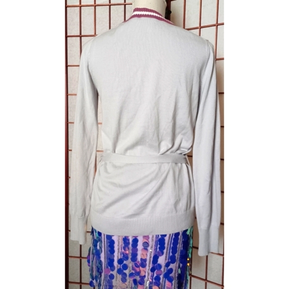 Lacoste Women's Stipe Detail Belted Button-Front Cardigan - Grey/Pink - Picture 4 of 16